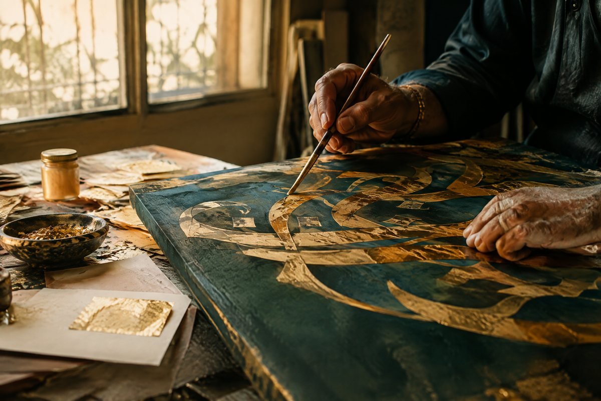 Calligrapher painting on canvas in the Alif N Art Gallery studio